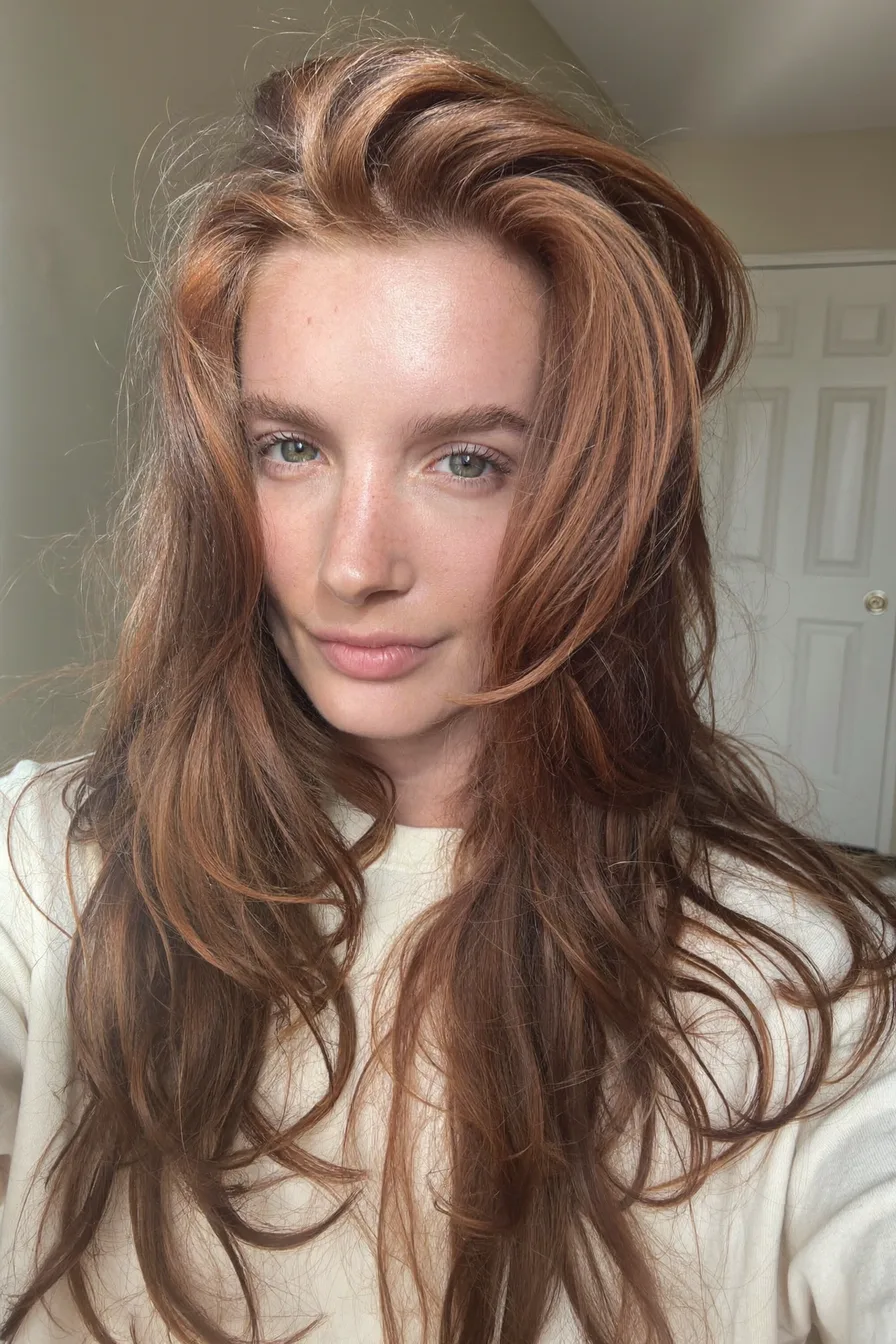 Copper Red Long Layered Cut With Natural Volume and Shine