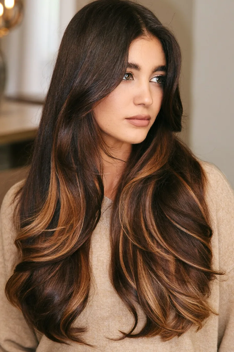 Ultra-Polished Extra-Long Layered Hair with Sun-Kissed Highlights