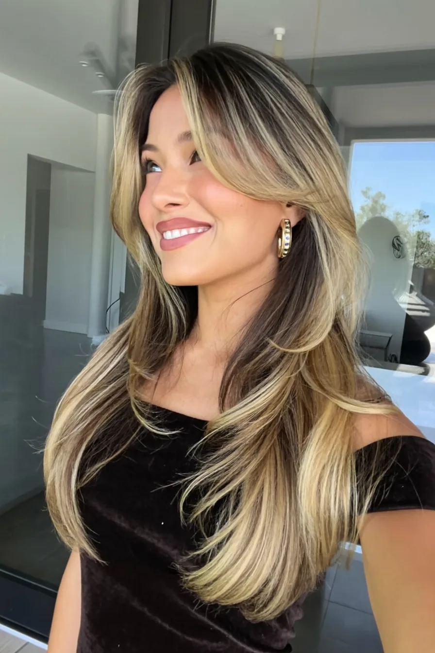 Glossy Extra-Long Layered Cut with Face-Framing Highlights