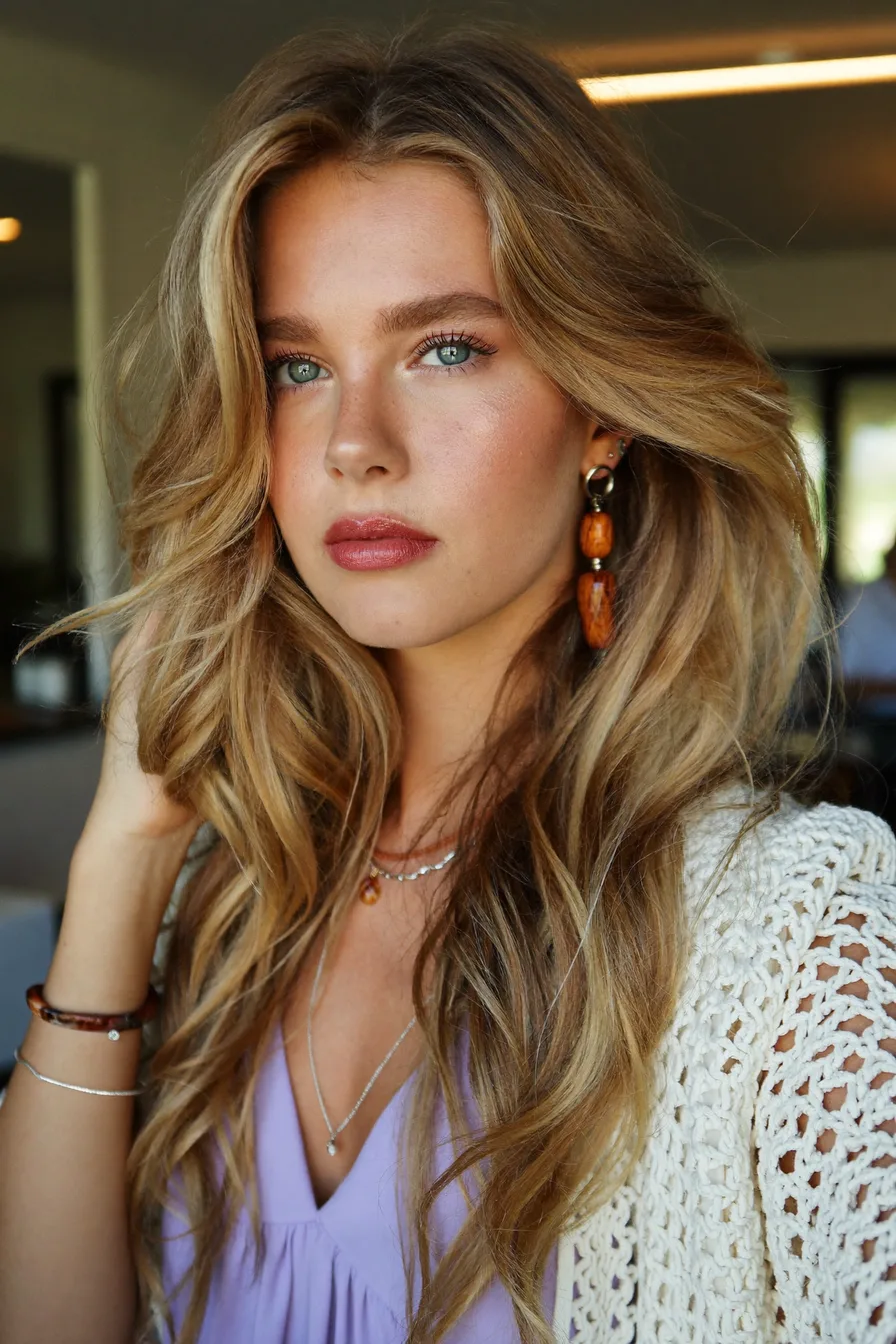 Sun-Kissed Extra-Long Layered Waves for Effortless Volume