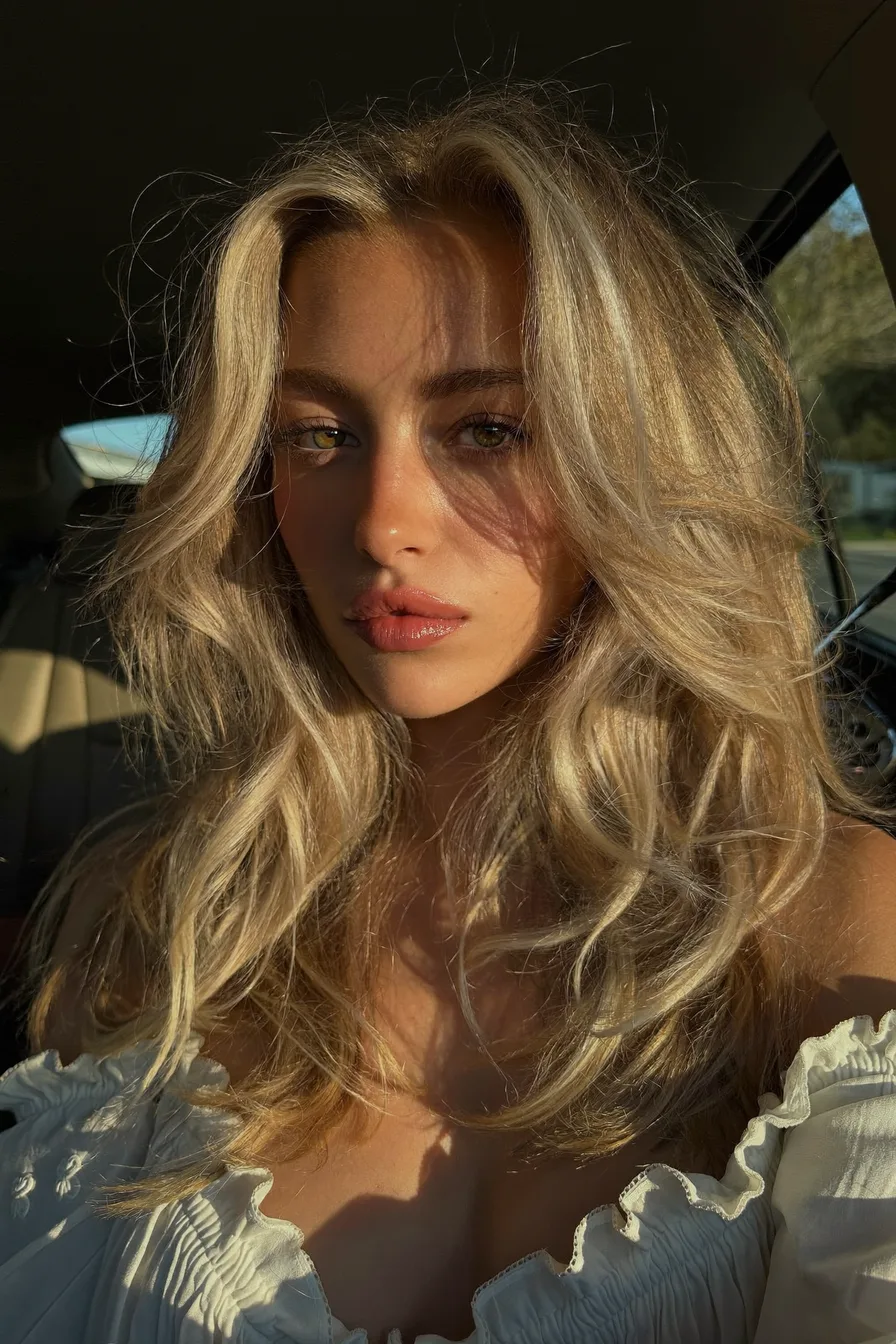Sunlit Golden Blonde Long Layered Cut with Effortless Volume
