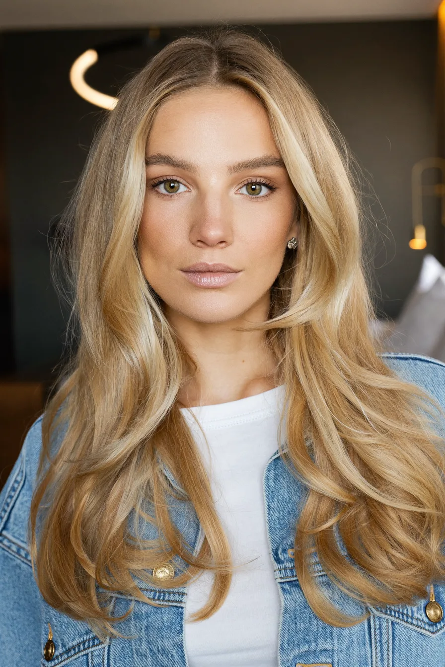 Radiant Golden Blonde Long Layered Cut with Face-Framing Volume