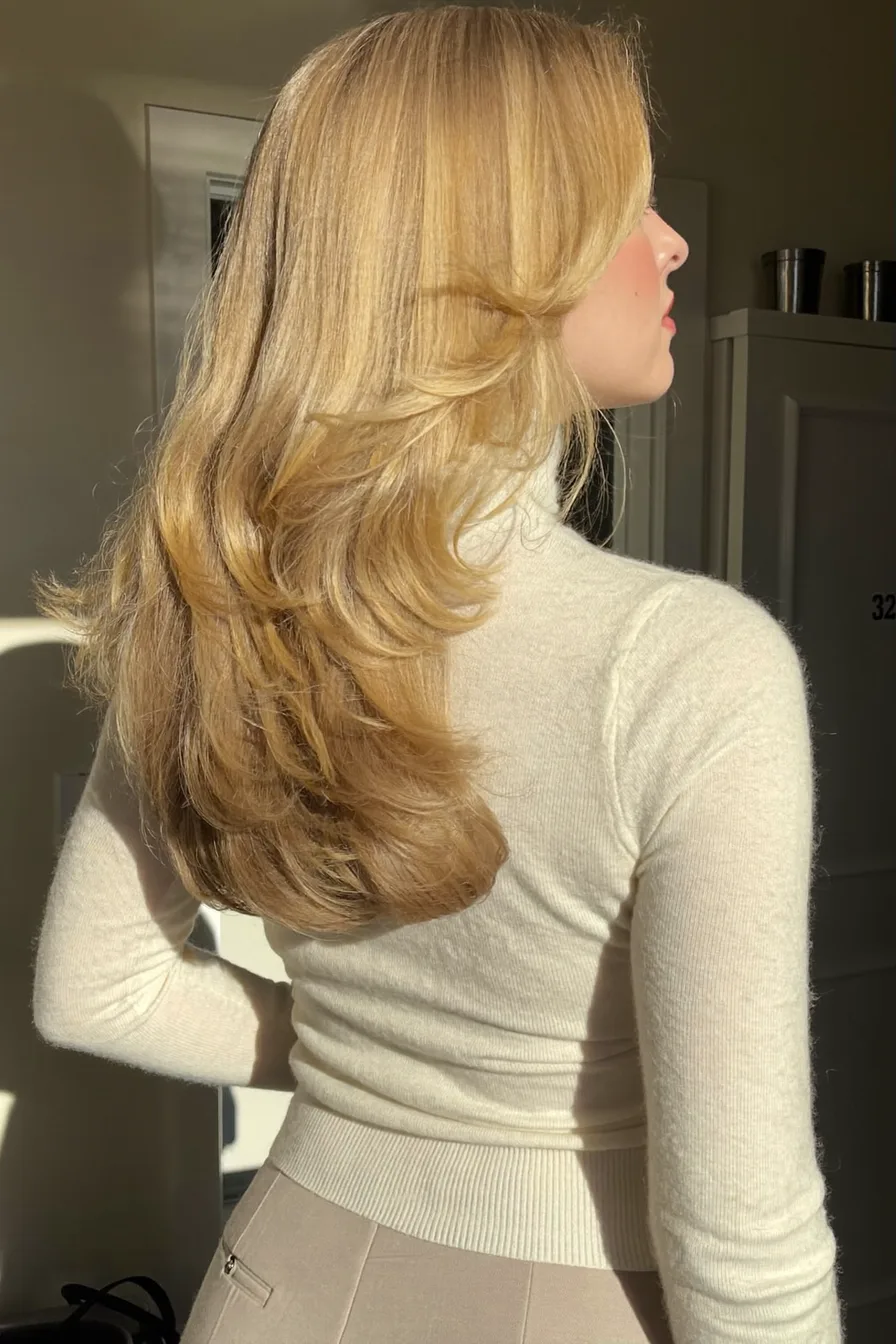 Classic Honey Blonde Long Layered Haircut with Voluminous Flow