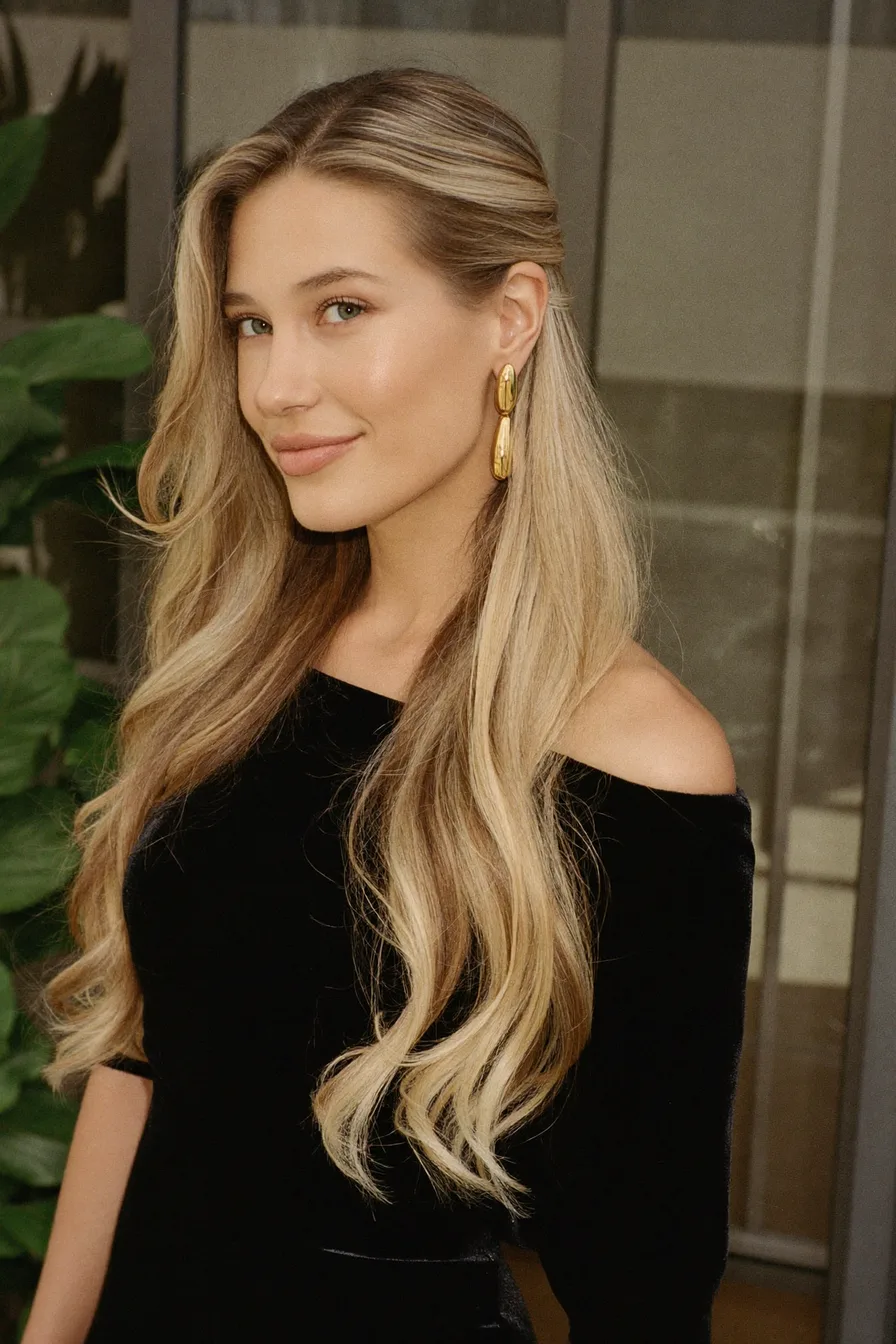 Elegant Honey Blonde Long Layered Waves with Face-Framing Highlights