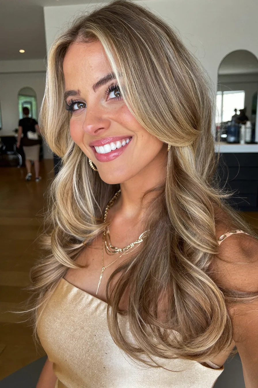 Face-Framing Honey Blonde Long Layered Haircut with Voluminous Waves