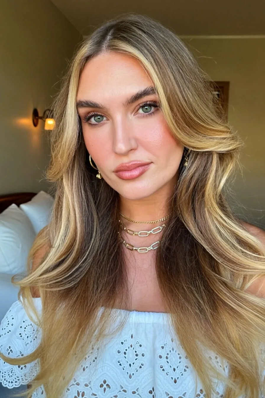 Voluminous Long Layered Haircut with Face-Framing Curtain Bangs