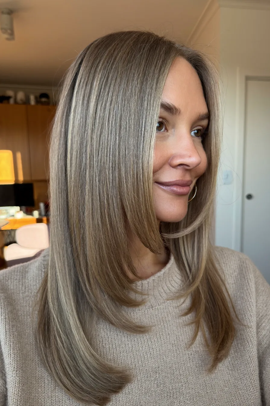 Sleek Long Layered Haircut with Soft Curtain Bangs for Volume