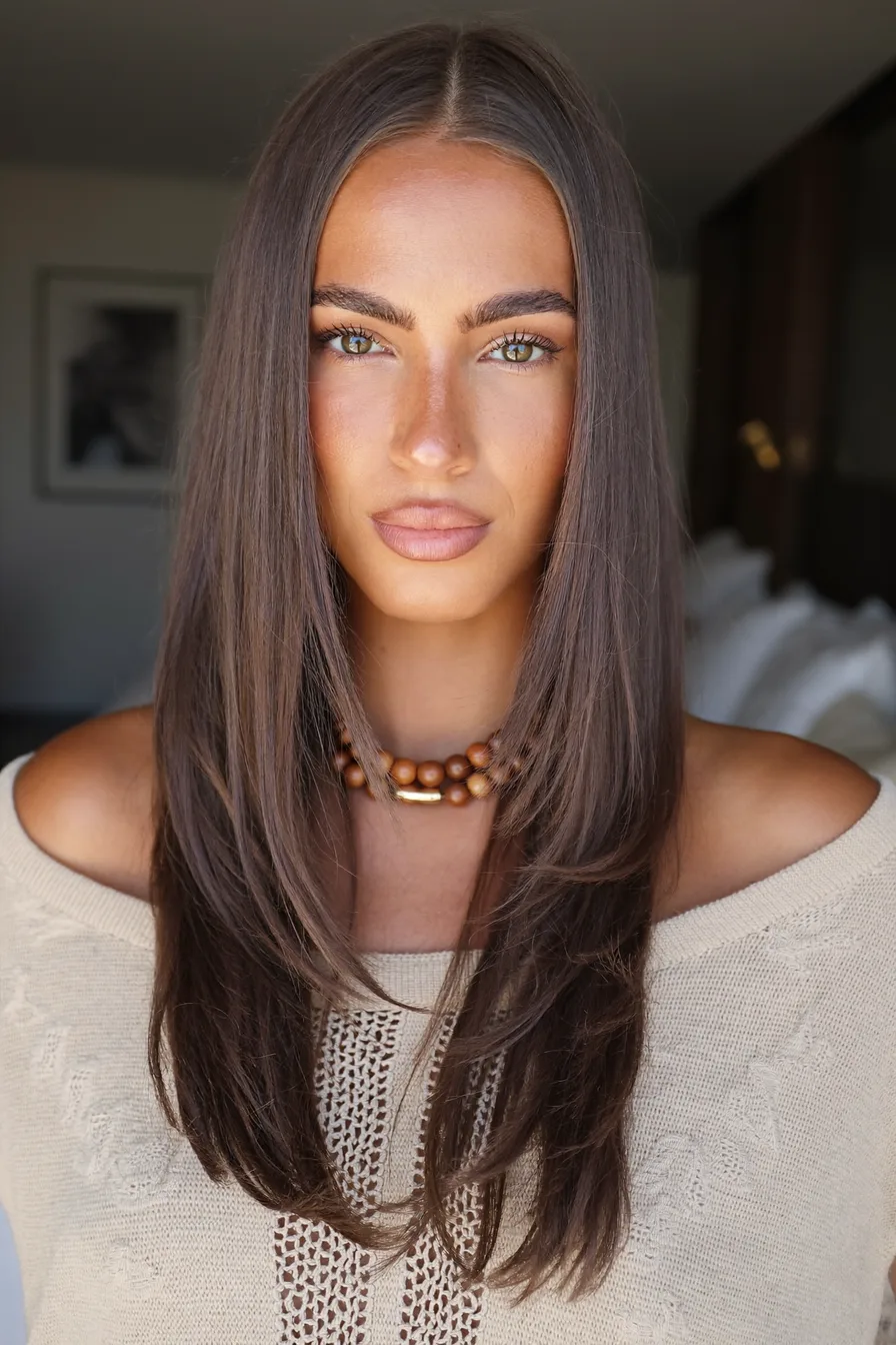Glossy Center-Parted Long Layered Haircut with Face-Framing Layers