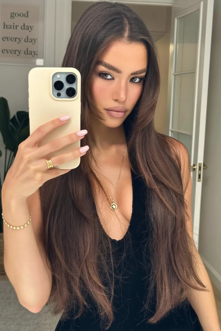 Sleek Long Layered Cut with Soft Face-Framing Layers for Dimension