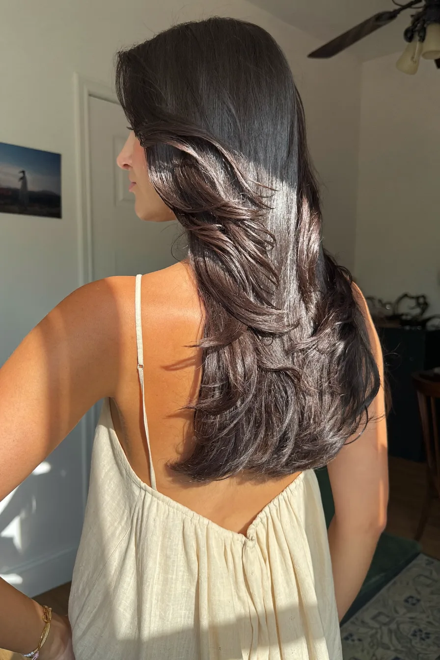 Glossy Long Layered Hairstyle with Soft Face-Framing Layers