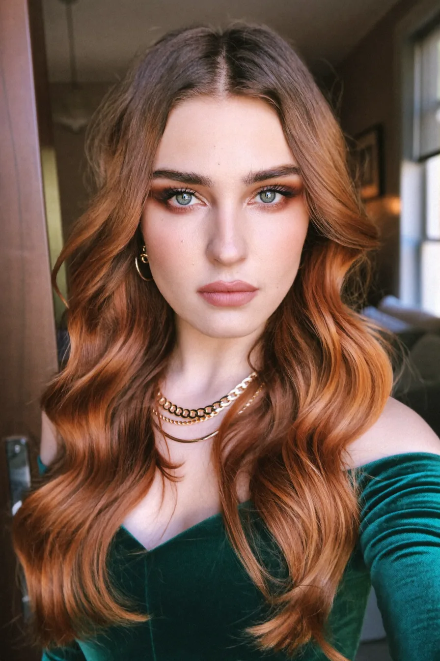 Soft Copper Waves with Long Layered Face-Framing Layers