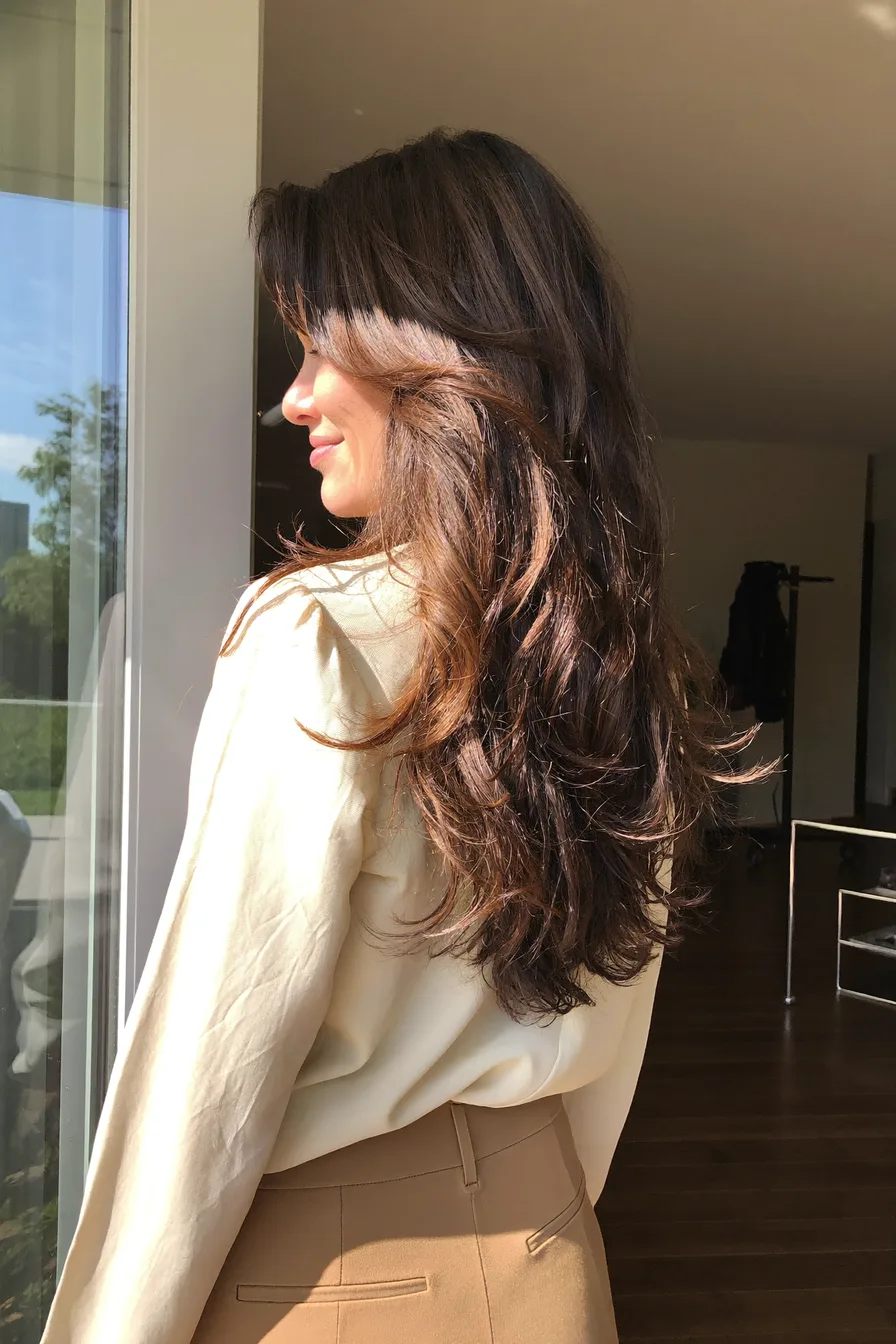 Softly Tousled Long Layered Cut with Side-Swept Bangs Perfection
