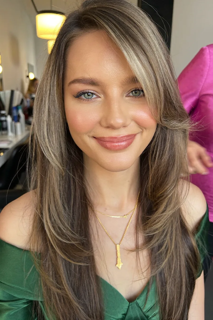 Classic Long Layered Cut with Soft Side-Swept Bangs for Dimension