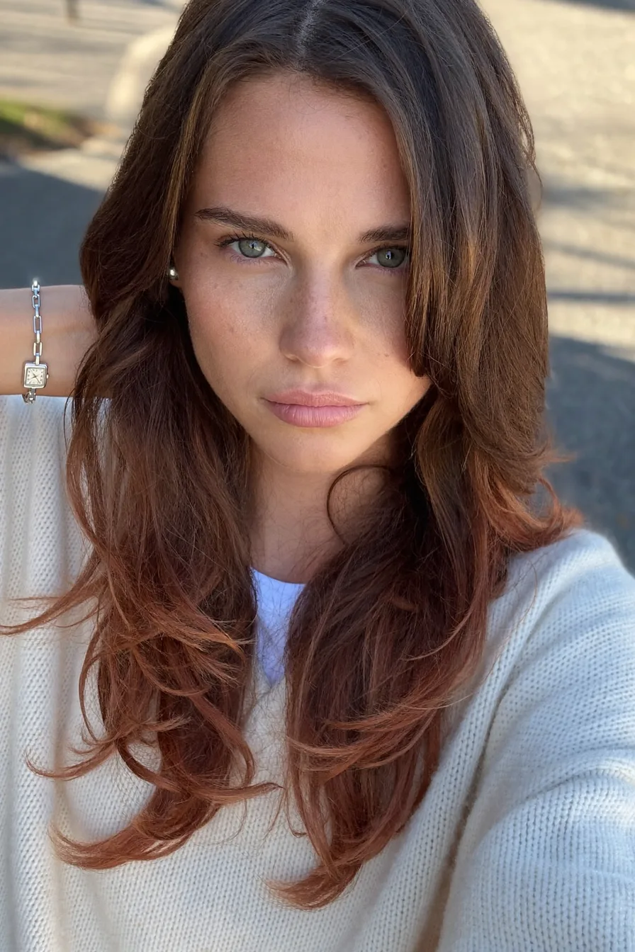 Effortless Long Layered Cut with Soft Side-Swept Bangs for Volume