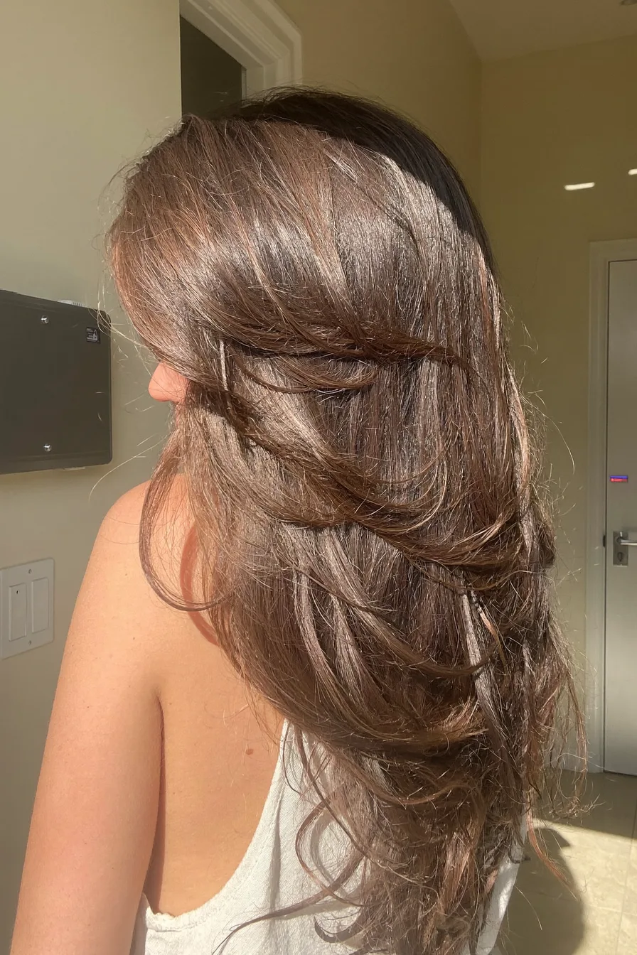 Glossy Mid-Back Length Layered Cut with Feathered Movement