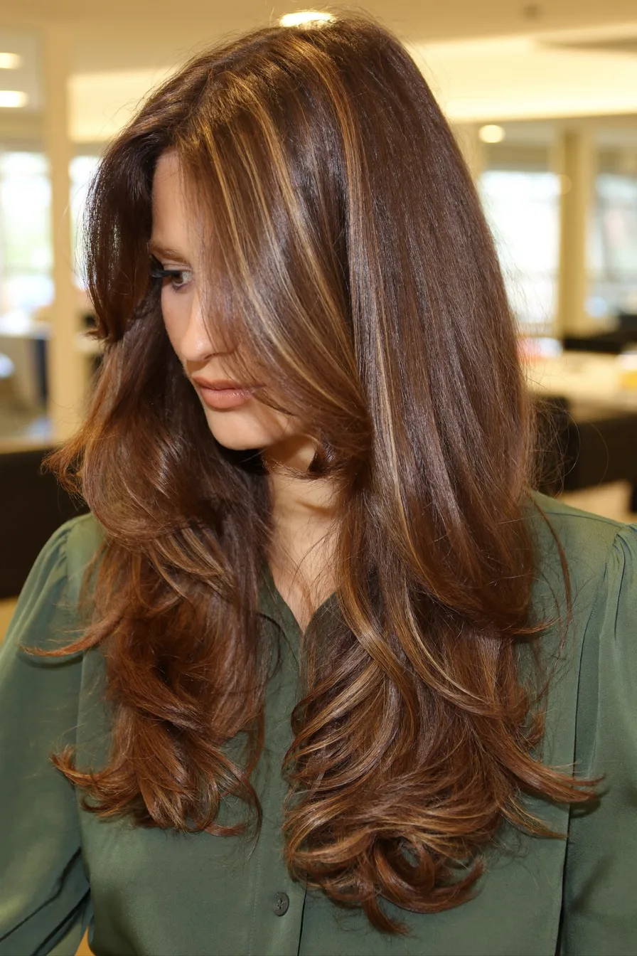 Glossy Mid-Back Length Layered Haircut with Feathered Face-Framing