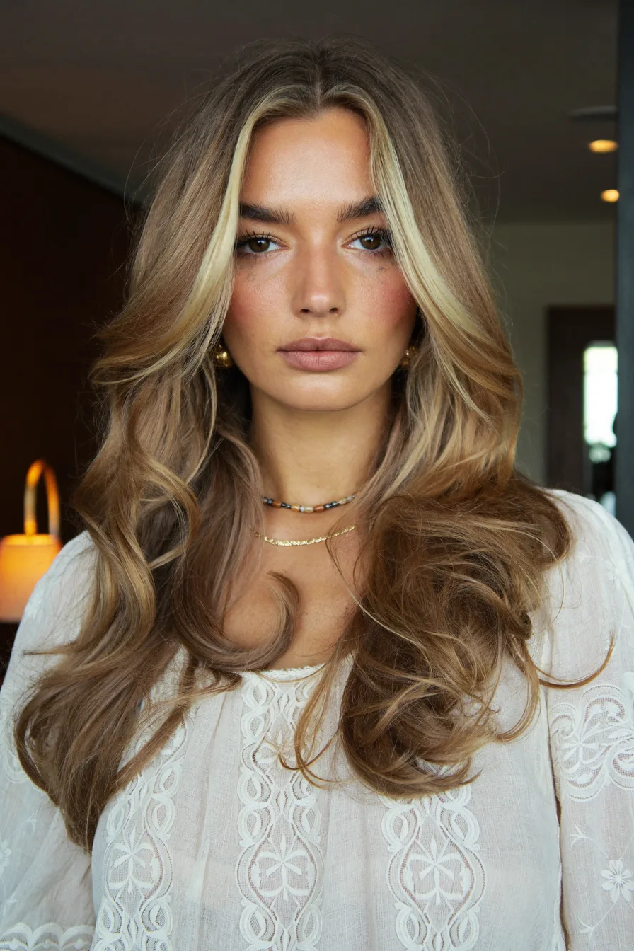 Soft Waves with Face-Framing Layers on Mid-Back Length Hair