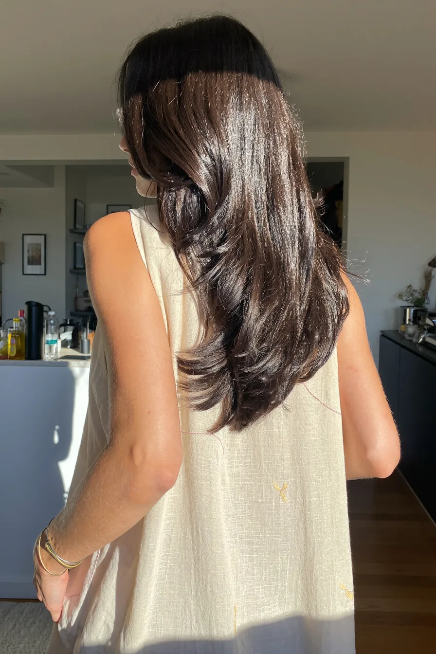 Sun-Kissed Layers for Glossy Mid-Back Length Layered Hair