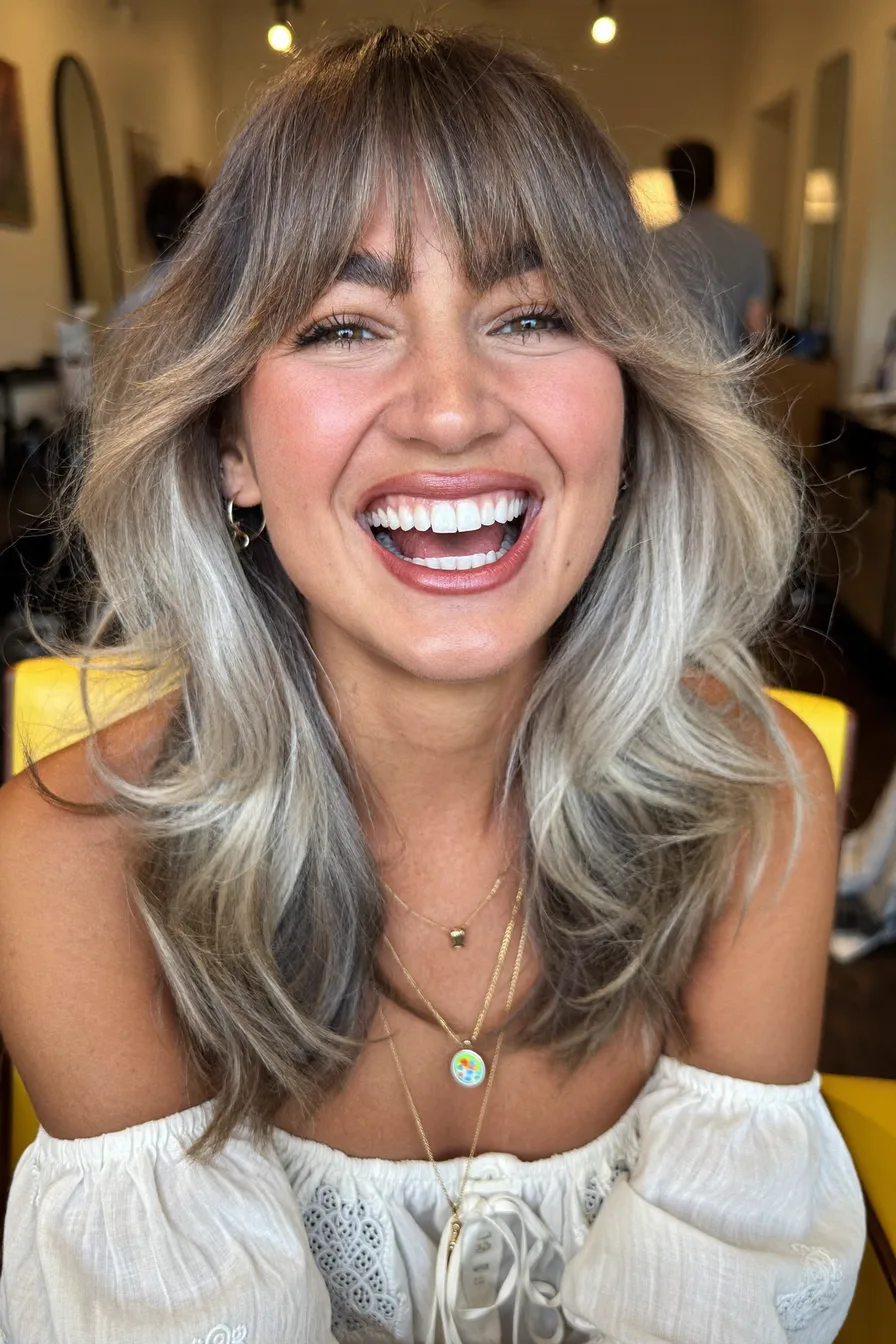 Textured Ash Blonde Layers with Shoulder-Length Fringe