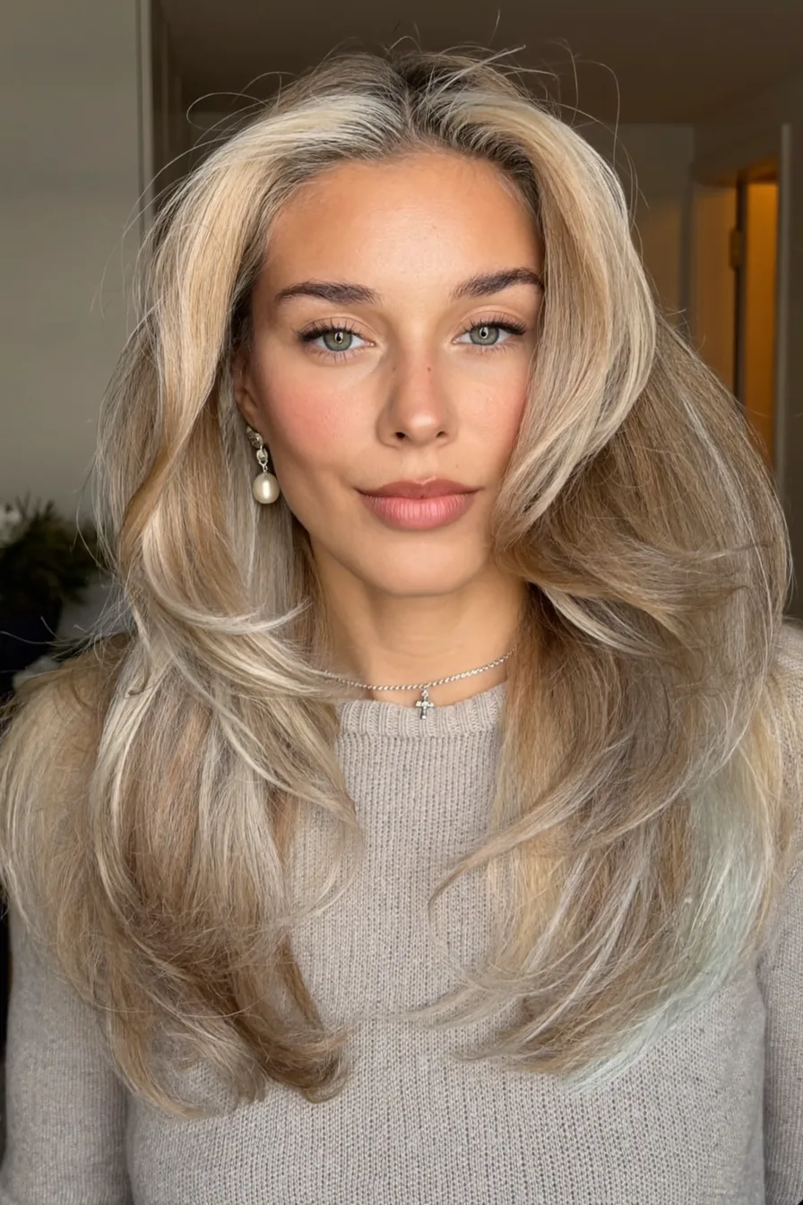 Voluminous Layered Ash Blonde Shoulder-Length Haircut With Face-Framing Pieces