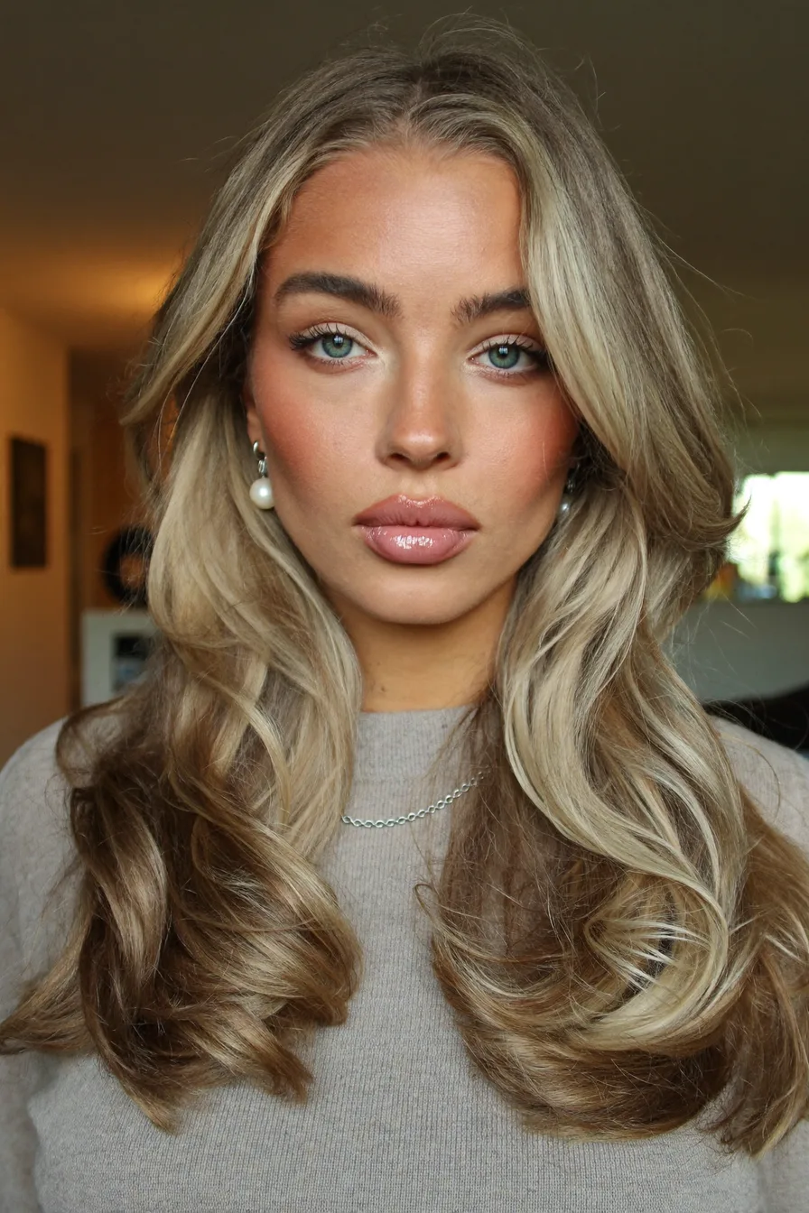 Voluminous Layered Shoulder-Length Ash Blonde Hairstyle with Face-Framing Highlights