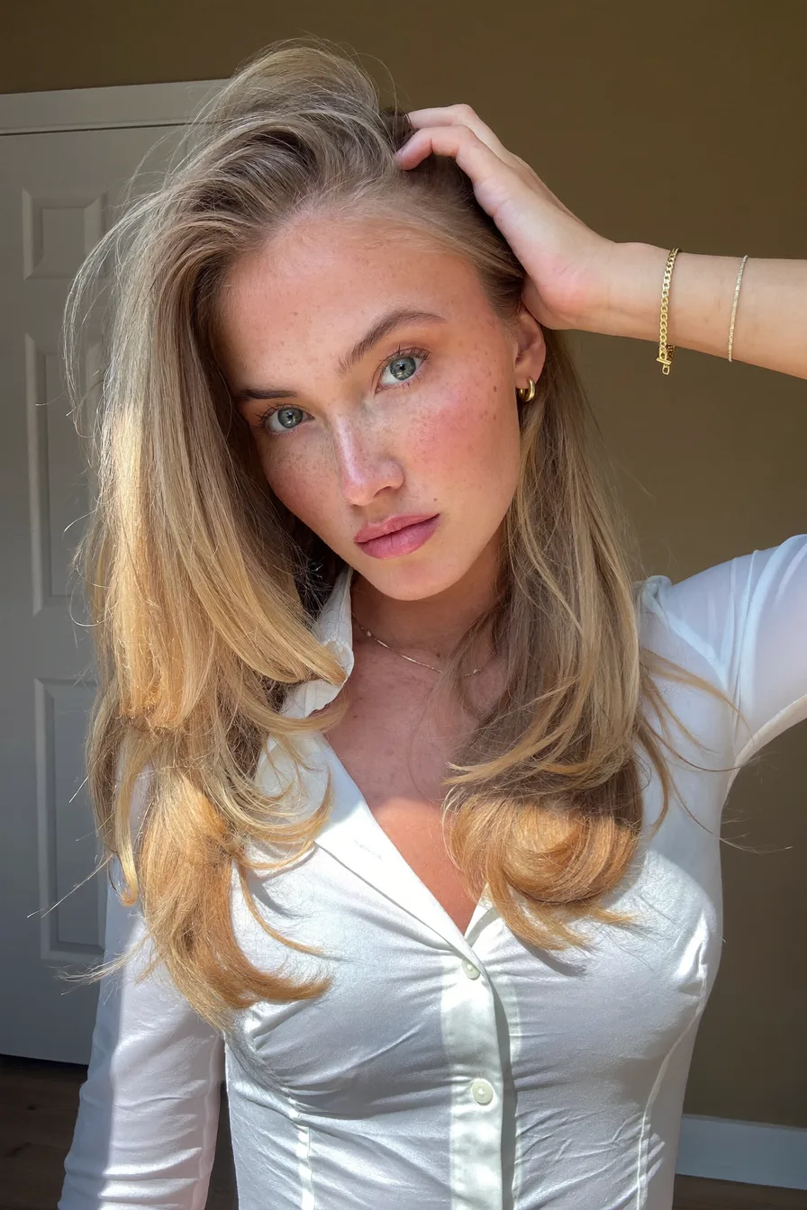 Layered Ash Blonde Shoulder-Length Cut with Voluminous Flow