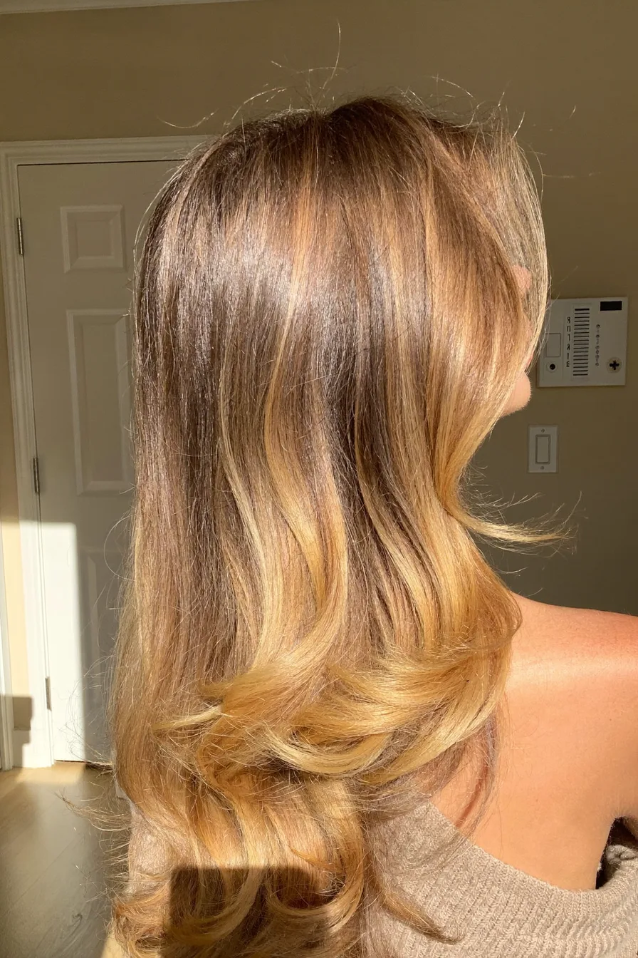 Layered Balayage Blonde Shoulder-Length Haircut with Sun-Kissed Dimension