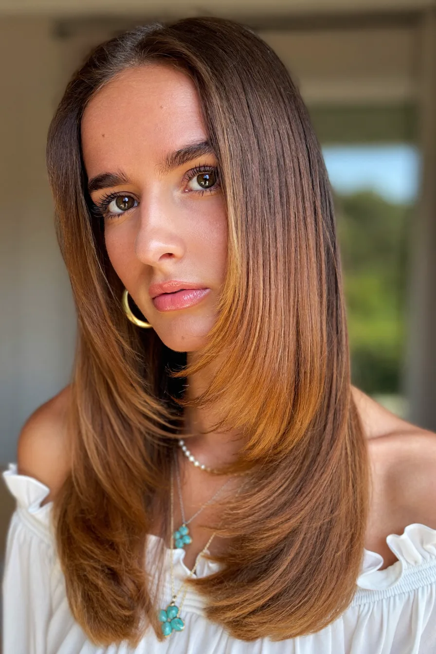 Sleek Layered Shoulder-Length Cut in Caramel Brown Perfection