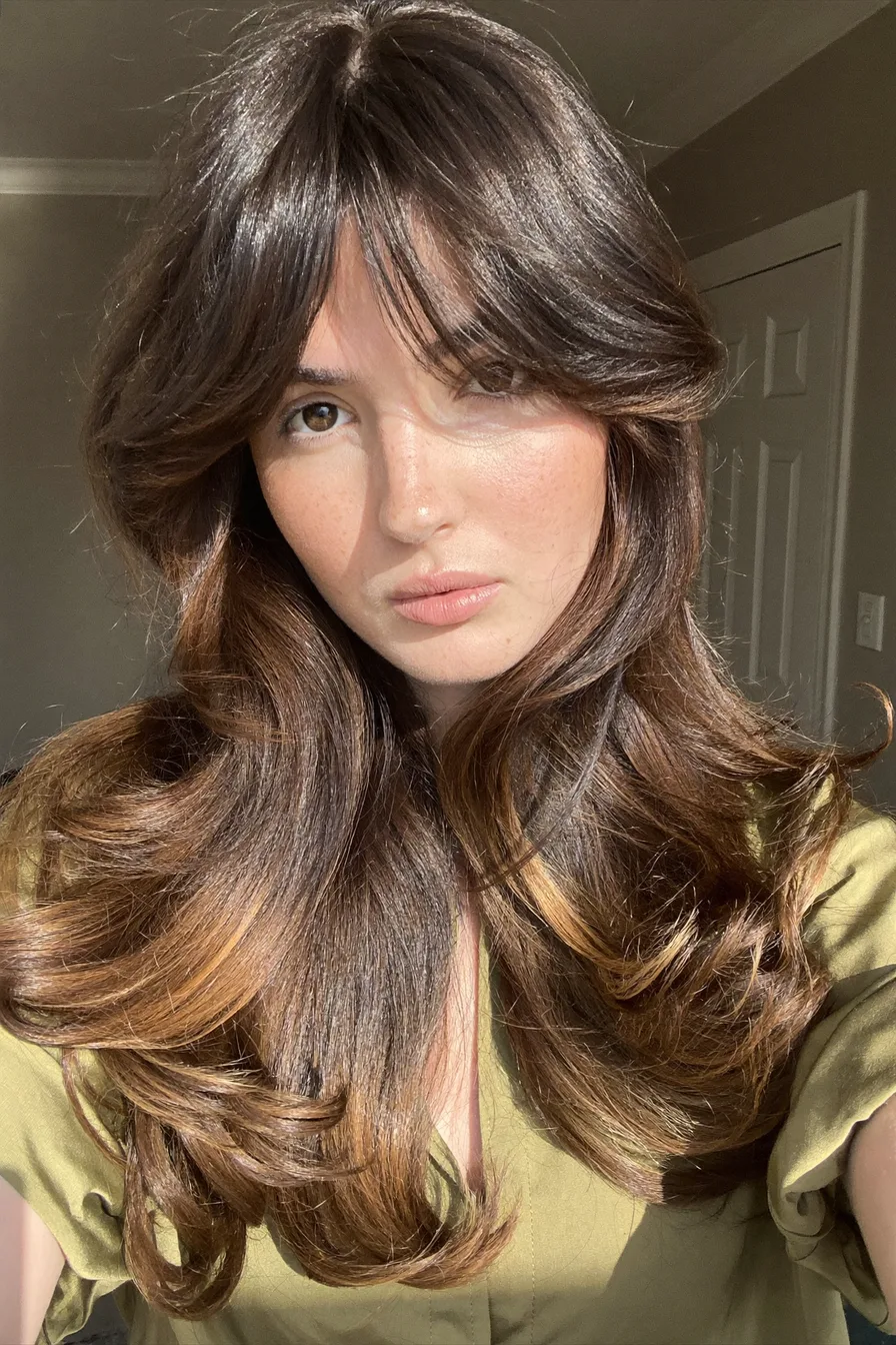 Luxe Layers for Shoulder-Length Caramel Brown Hair with Curtain Bangs