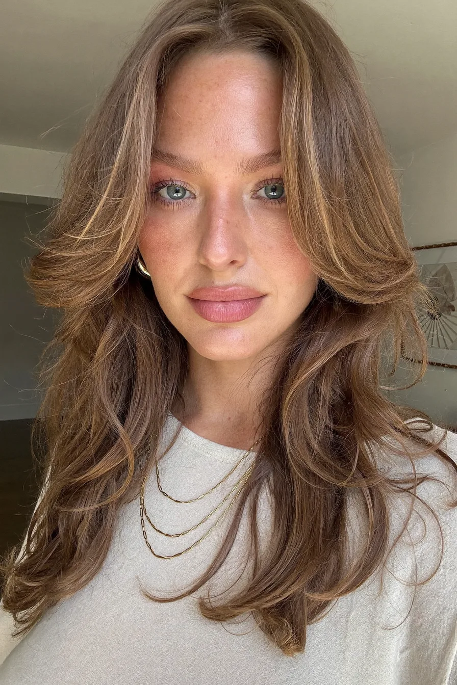 Layered Curtain Bangs on Shoulder-Length Caramel Brown Hair