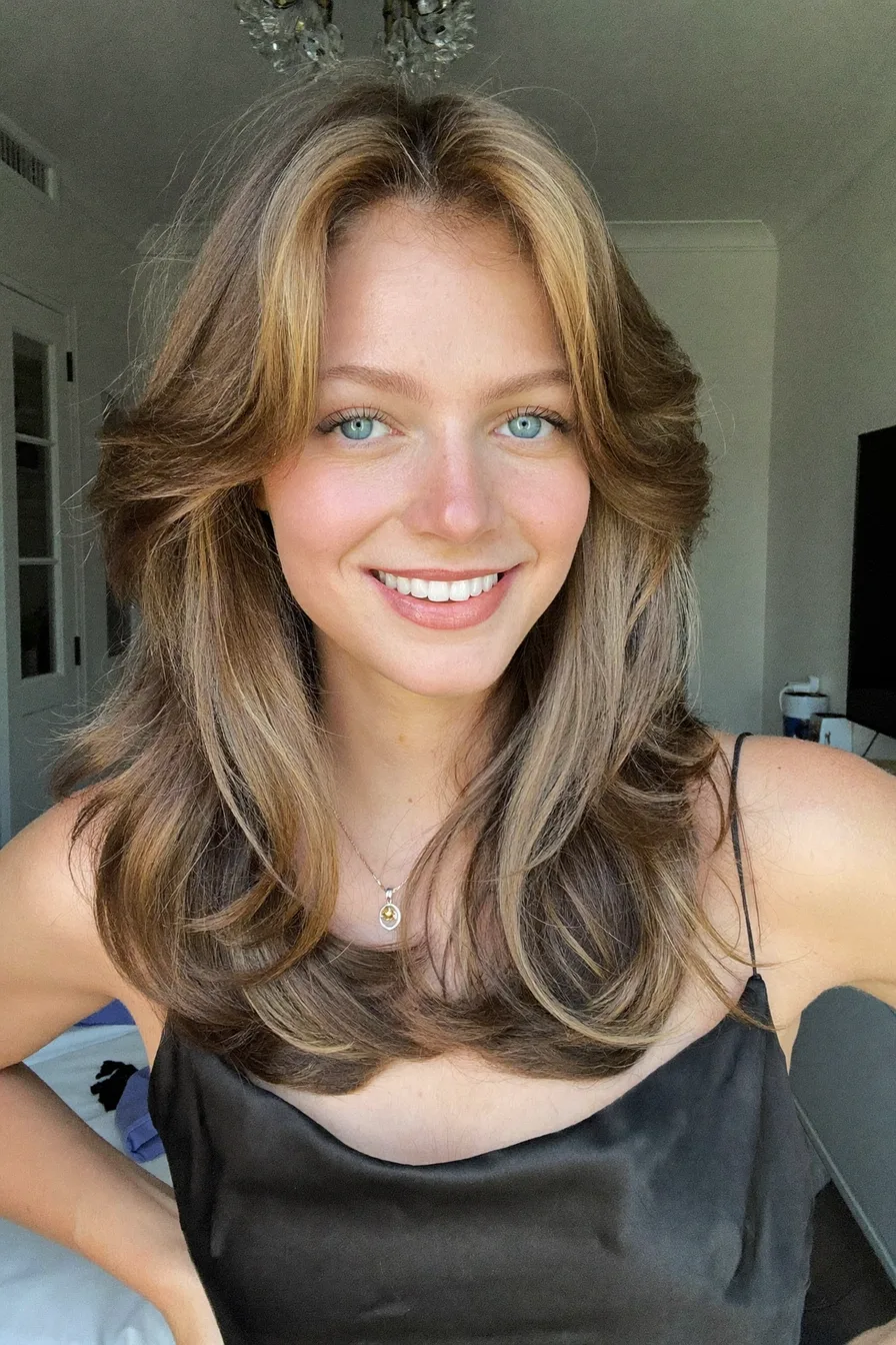 Face-Framing Layered Caramel Brown Shoulder-Length Haircut for Volume