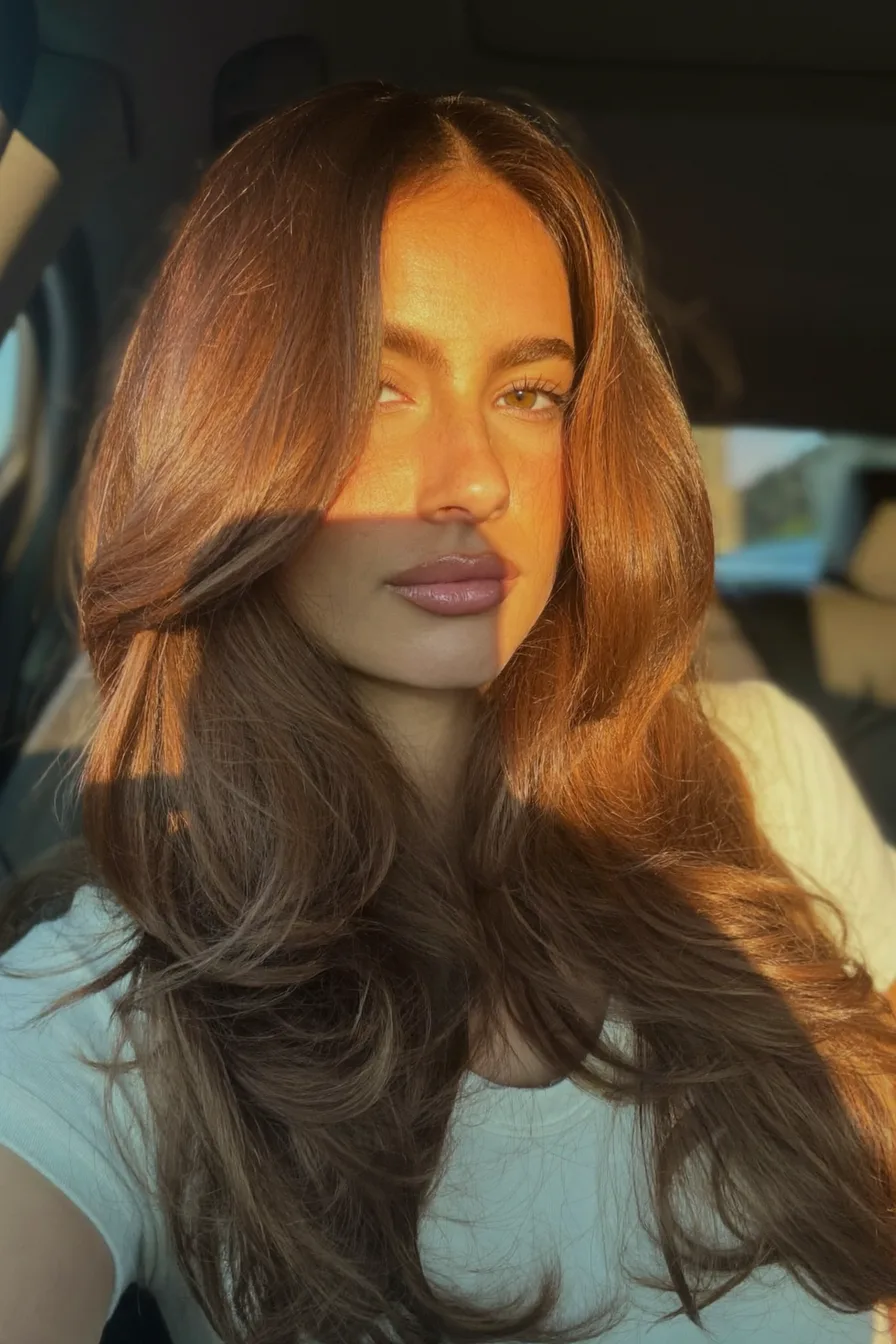 Voluminous Layered Chestnut Brown Shoulder-Length Hair with Soft Waves