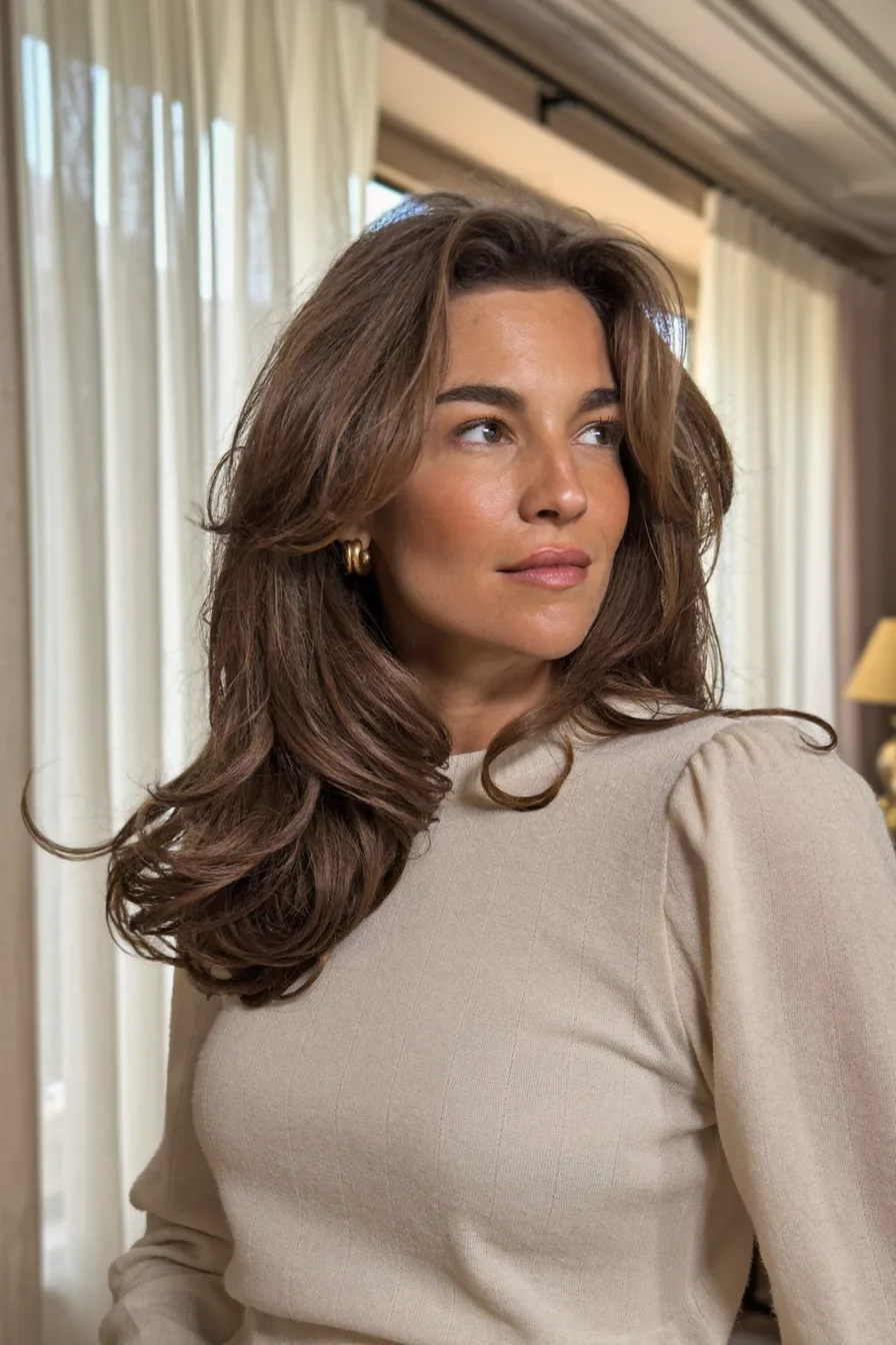 Elegant Layered Chestnut Brown Shoulder-Length Hair for Volume
