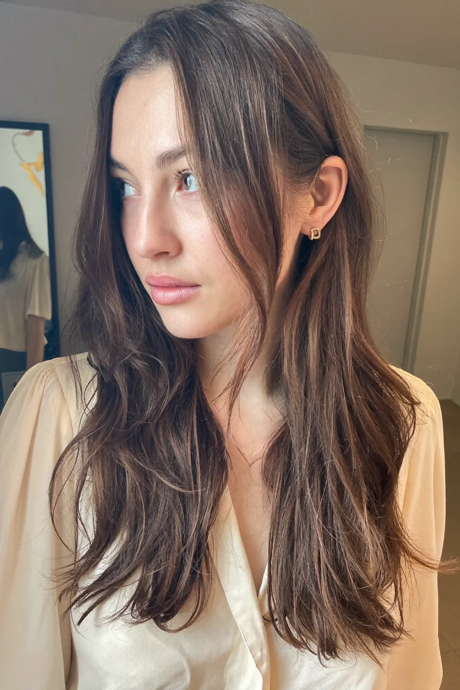 Softly Layered Chestnut Brown Shoulder-Length Haircut with Face-Framing Pieces