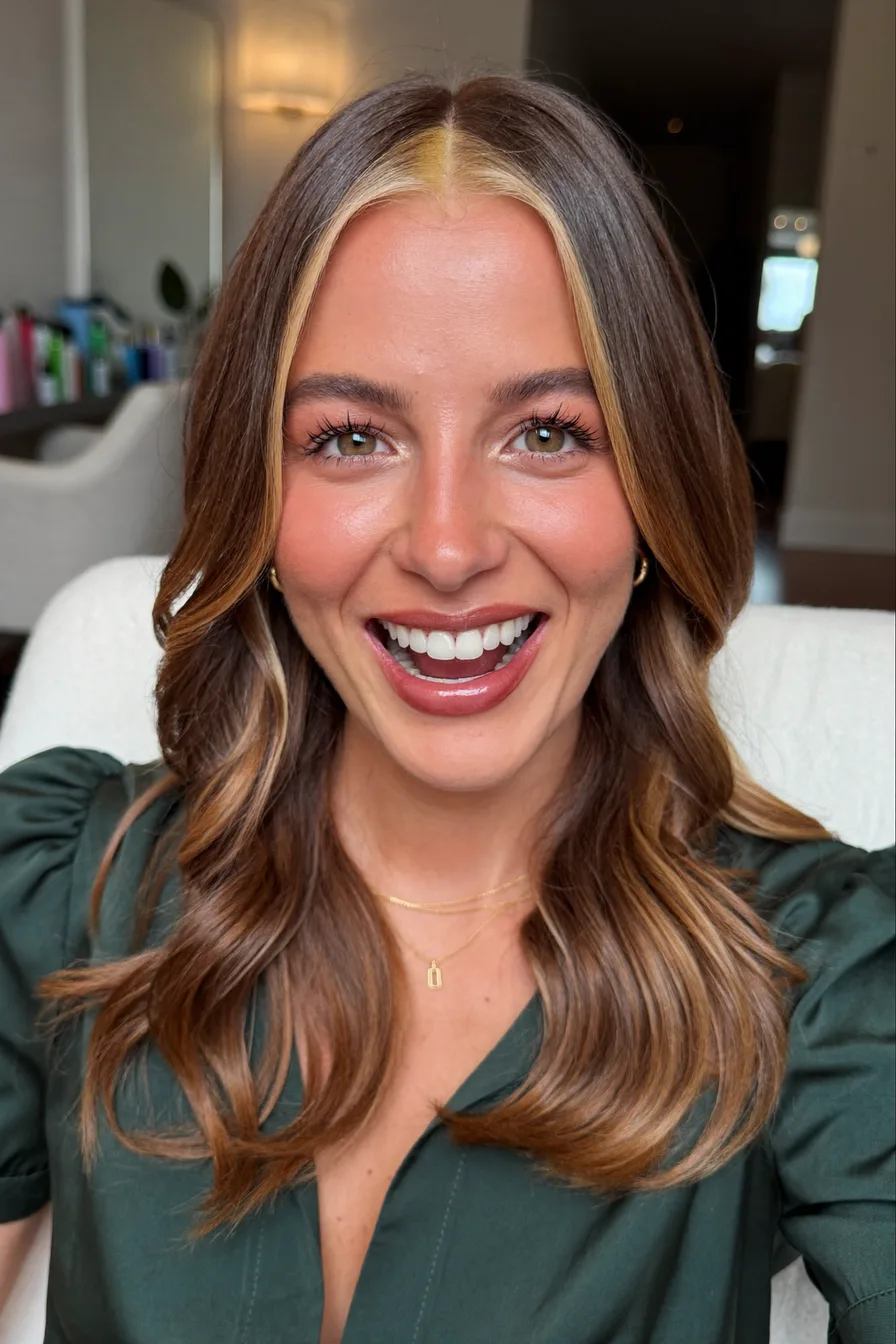 Modern Center-Parted Layered Chestnut Brown Shoulder-Length Haircut