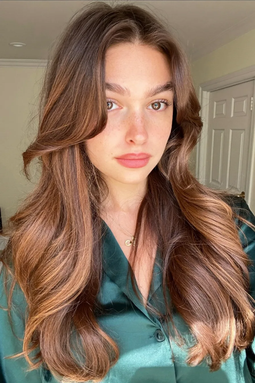Long Layered Chestnut Brown Shoulder-Length Haircut With Face-Framing Layers