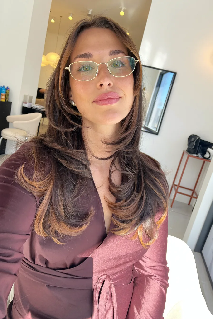 Softly Layered Shoulder-Length Chestnut Brown Hair with Face-Framing Movement