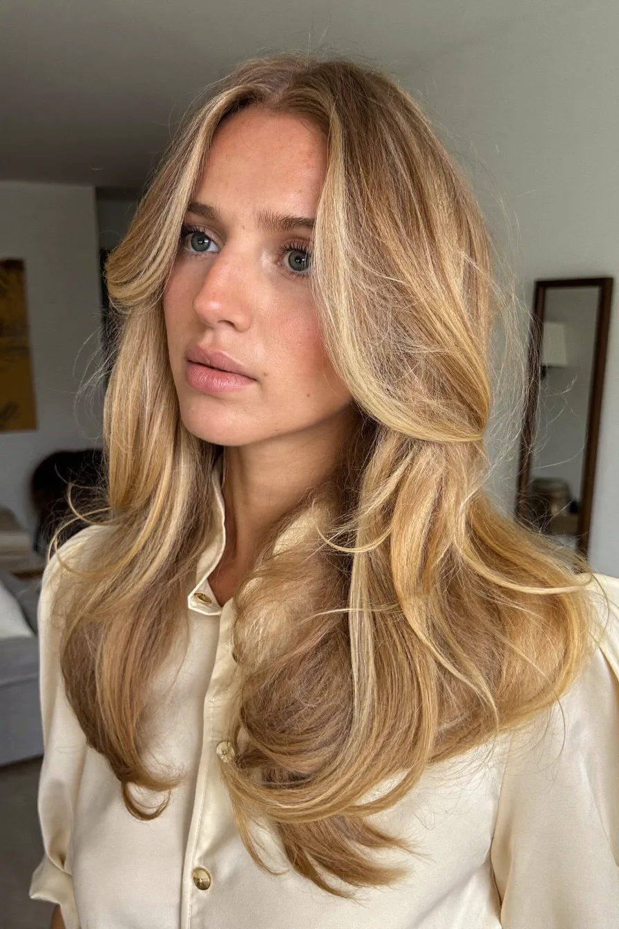 Layered Honey Blonde Blowout for Shoulder-Length Hair