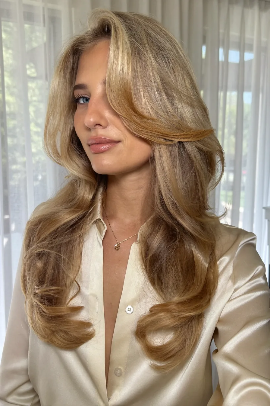 Voluminous Shoulder-Length Honey Blonde Layers with Face-Framing Movement