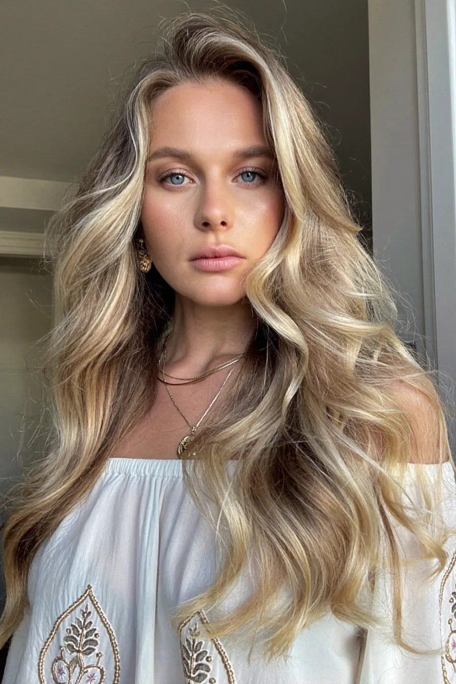 Voluminous Layered Honey Blonde Waves for Shoulder-Length Hair