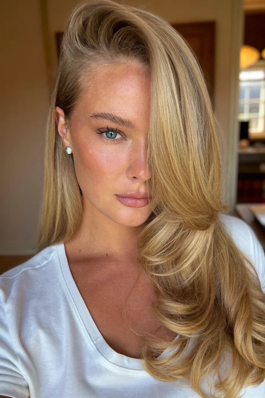 Softly Side-Swept Shoulder-Length Layered Blonde Haircut