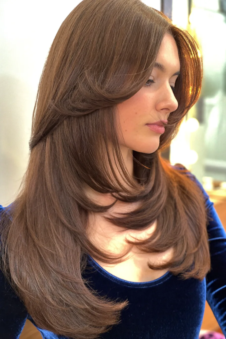 Soft Feathered Shoulder-Length Layered Haircut for Polished Volume
