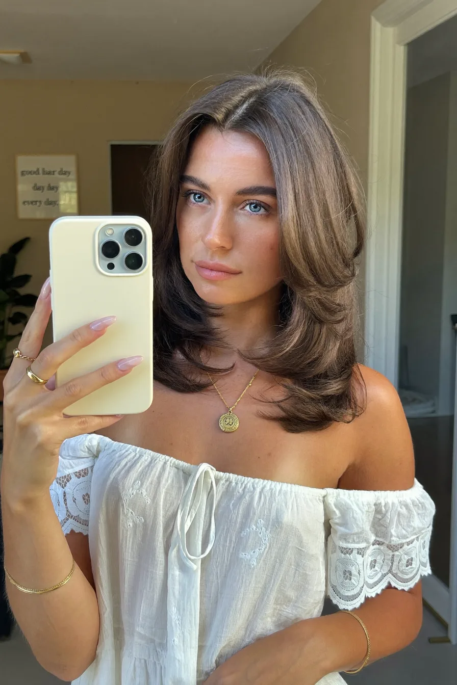 Softly Feathered Shoulder-Length Layered Haircut With Flipped Ends