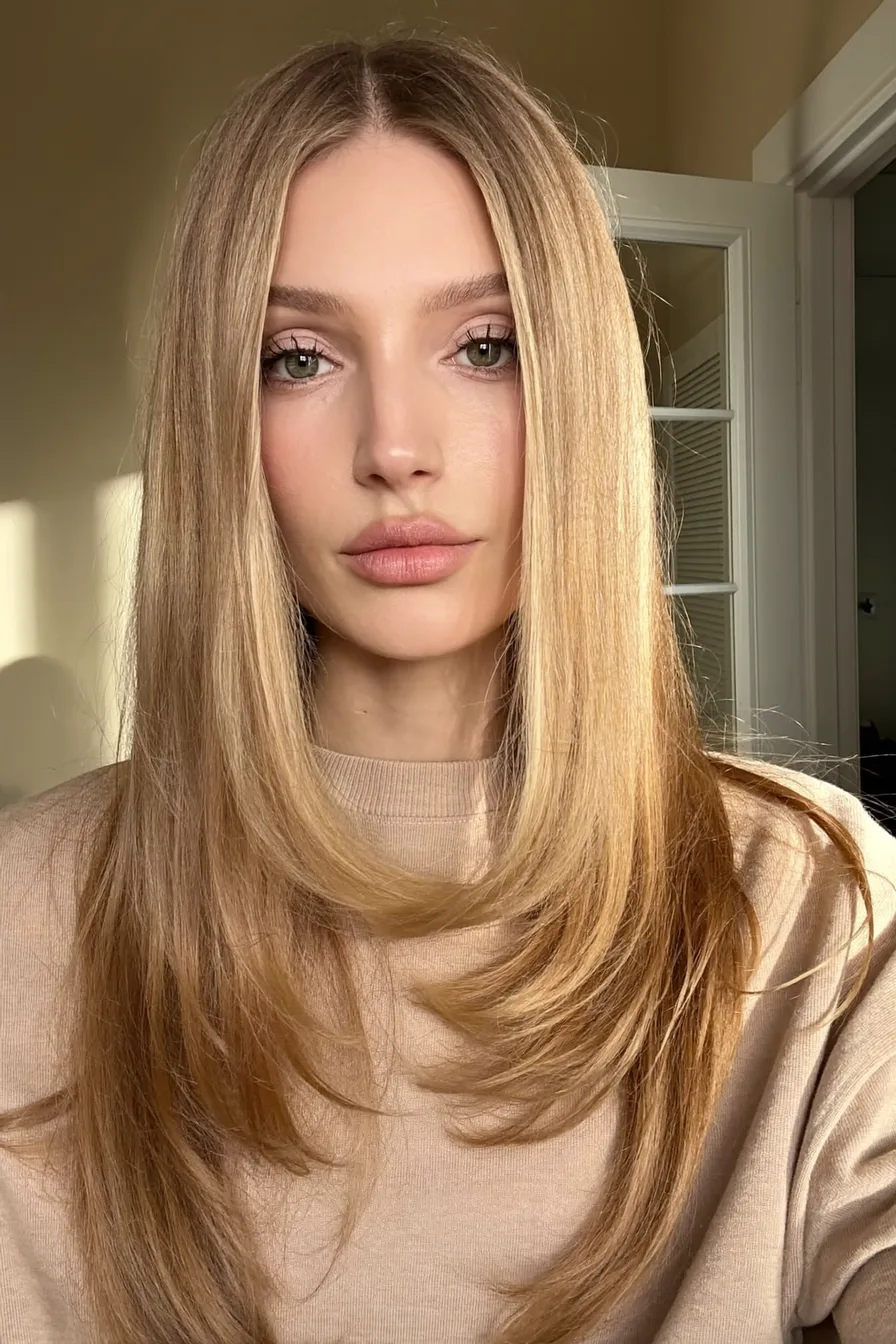 Glossy Center-Parted Straight Long Layered Haircut For Soft Framing