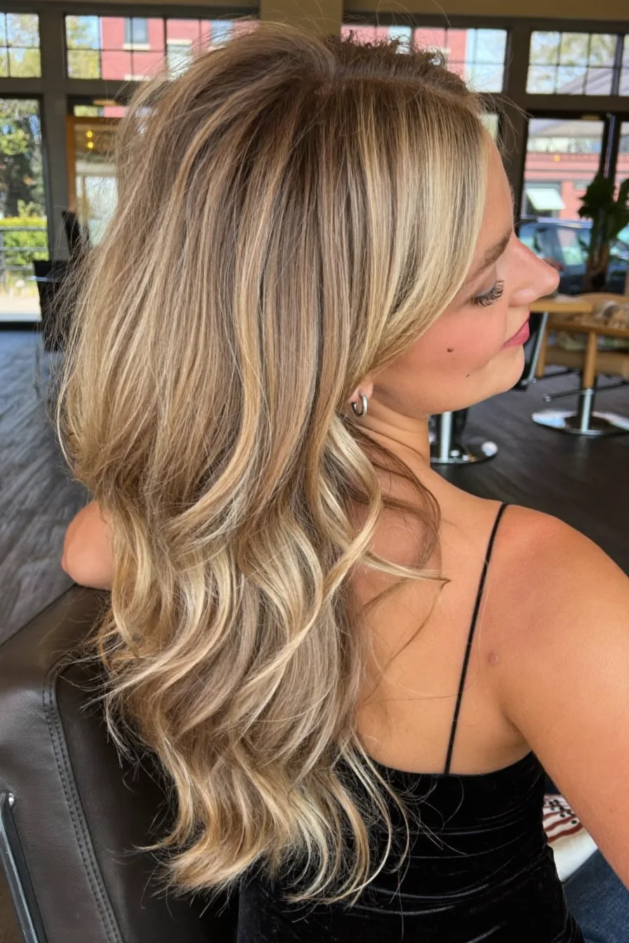 Balayage Blonde Wavy Long Layered Hair With Voluminous Dimension