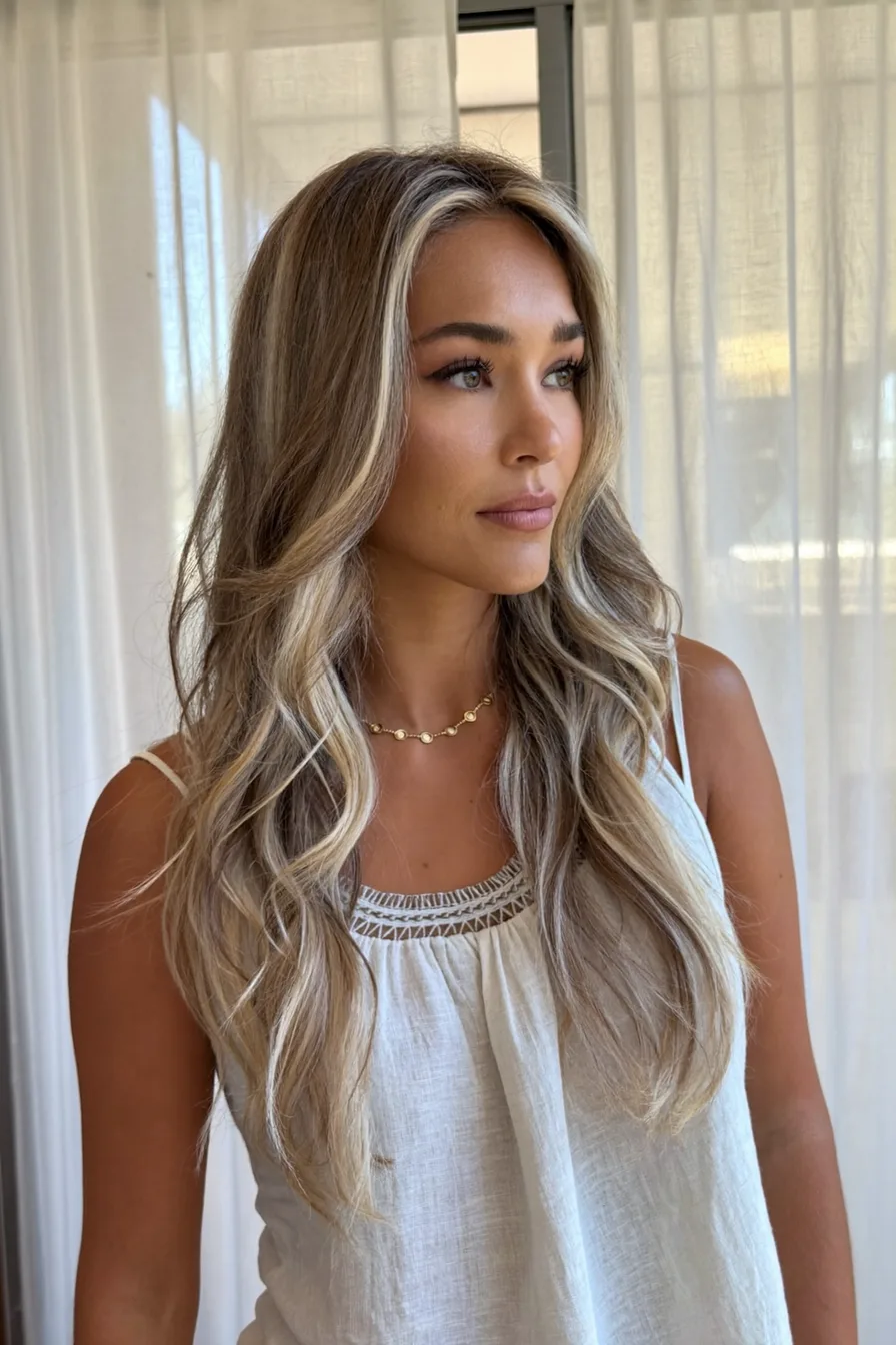 Sun-Kissed Balayage Blonde Wavy Long Layered Hair with Dimension
