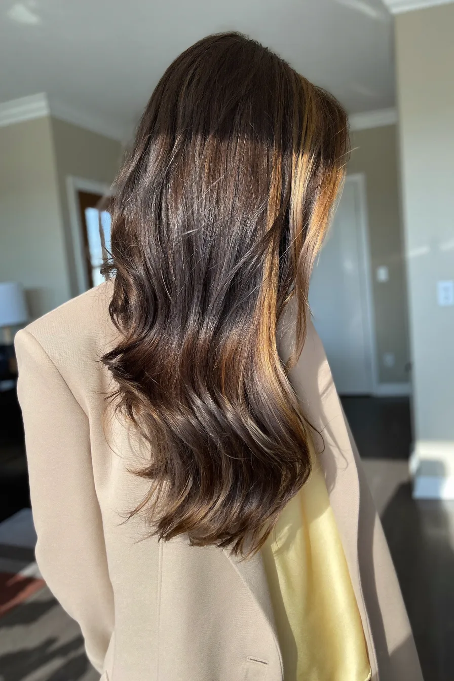 Glossy Wavy Balayage Brunette Long Layered Hairstyle for Natural Dimension