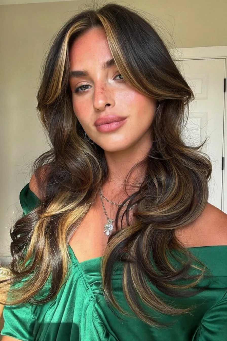 Face-Framing Wavy Balayage Brunette Long Layered Haircut with Feathered Ends
