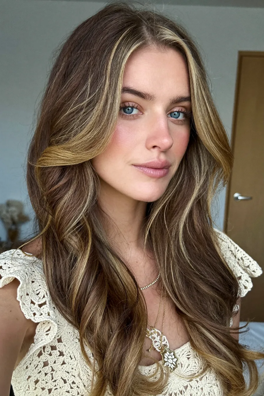 Balayage Brunette Wavy Long Layered Hair with Face-Framing Highlights