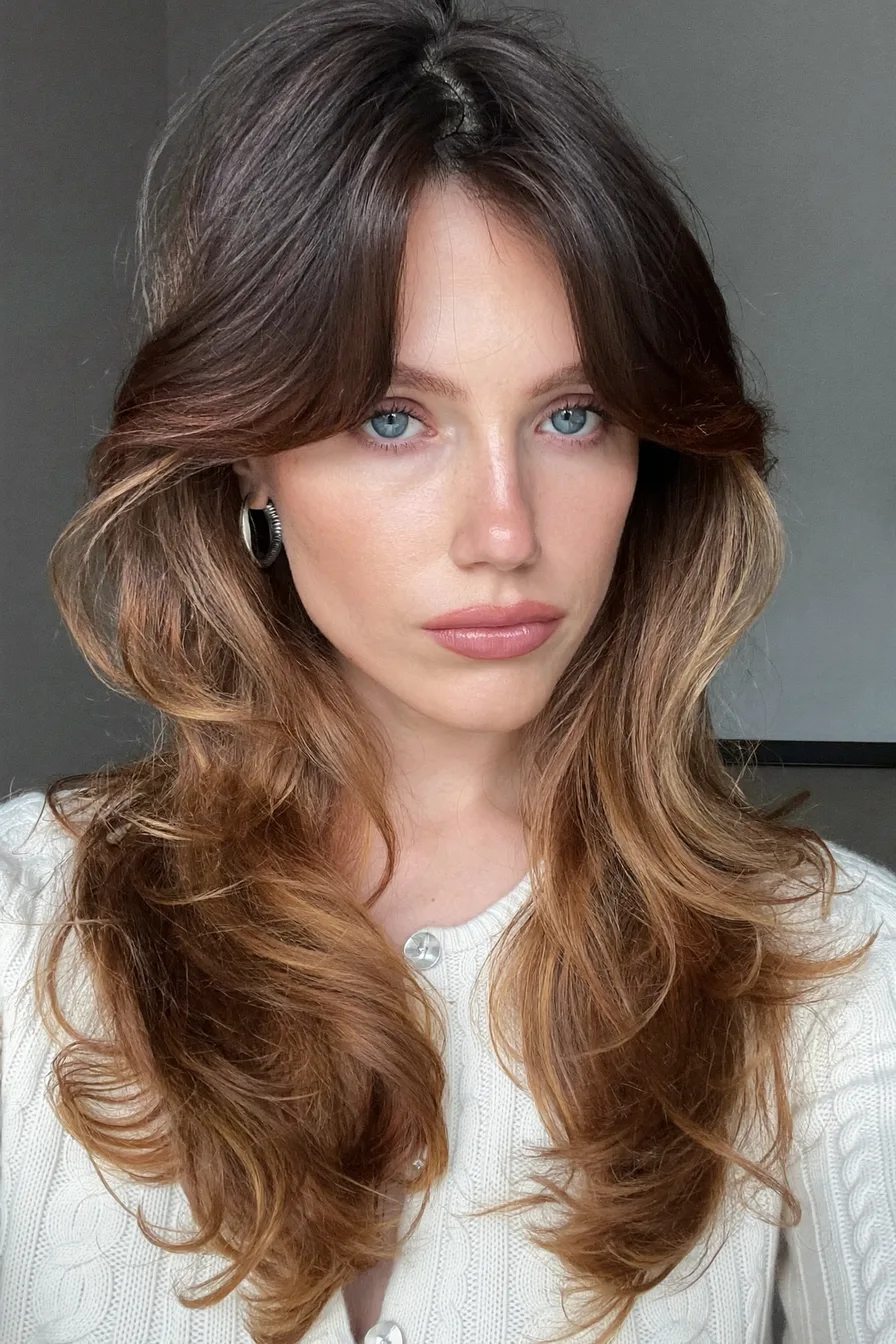 Balayage Brunette Wavy Long Layered Haircut with Face-Framing Bangs